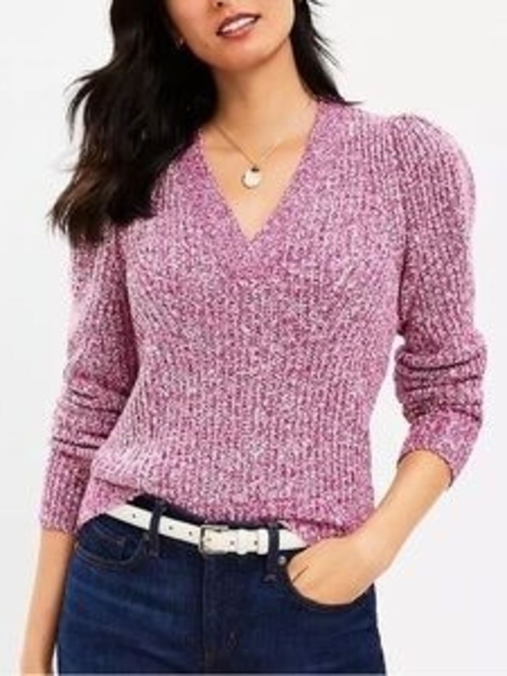 LOFT Pink Marled V-Neck Ribbed Sweater